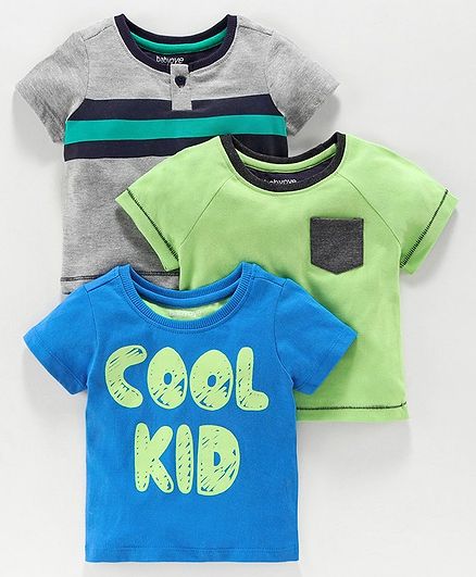 Babyoye Half Sleeves Cotton Tee Multi Print Pack of 3 - Blue Green Grey