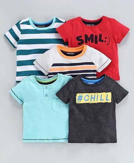 Babyoye Half Sleeves Cotton Tees Pack of 5 - Multicolour