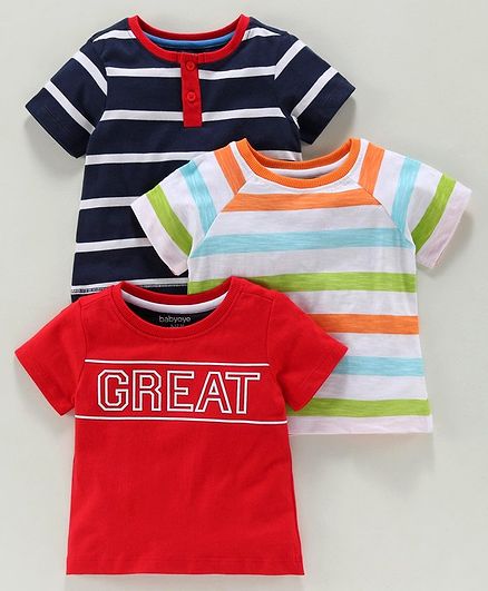 Babyoye Half Sleeves Cotton Tee Multi Print Pack of 3 - Blue Red