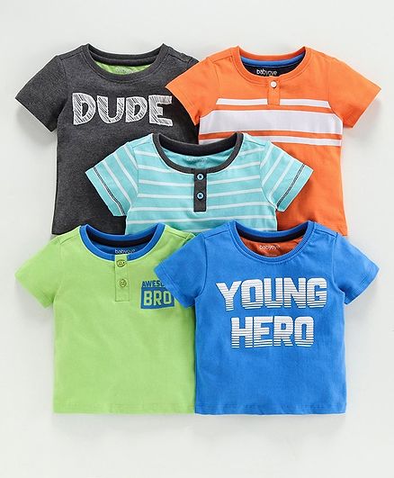 Babyoye Half Sleeves Cotton Tees Pack of 5 - Multicolour