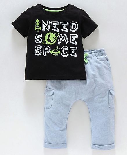 Babyoye Half Sleeves Text Print T-shirt & Bottom Set - Black Blue