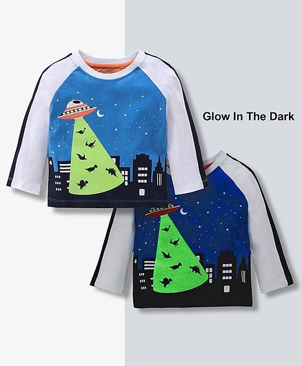 Babyoye Full Sleeves Cotton Glow In Dark Tee Spaceship Print - Blue Grey