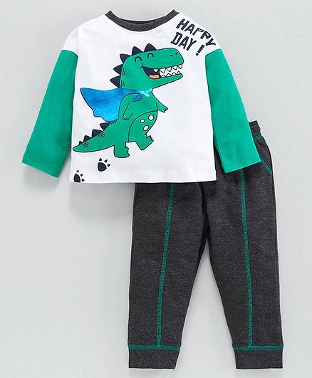 Babyoye Full Sleeves Dino Print T-shirt & Bottom Set - Green White Grey
