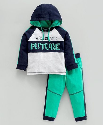 Babyoye Full Sleeves Hooded Tee & Lounge Pant Text Print - Black Green Navy White