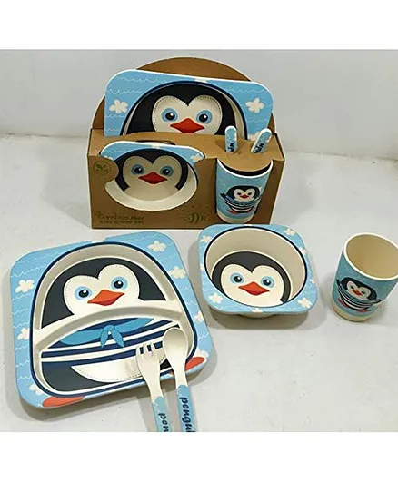 FunBlast Bamboo Fibre Penguin Theme Dining Set of 5- Multicolour