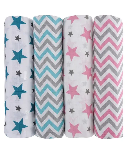 Haus & Kinder Muslin Swaddle Wrappers Star & Chevron Print Pack of 4 - Pink Blue