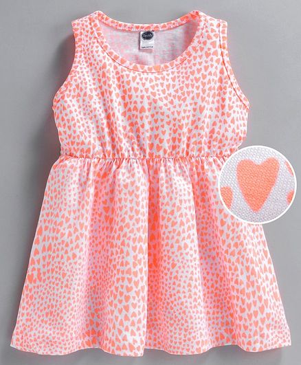 Teddy Sleeveless Frock Heart Print - Peach