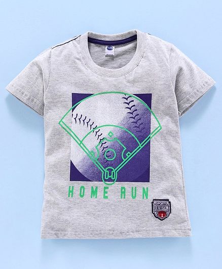 Teddy 100% Cotton Half Sleeves Tee Home Run Print - Grey