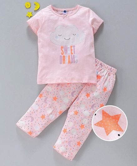 Teddy Half Sleeves Night Suit Star Print - Pink