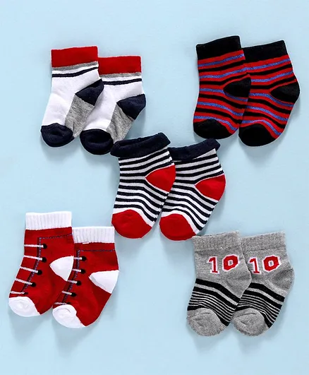 Cute Walk By Babyhug Non Terry Antibacterial Ankle Length Socks Multi Design Pack of 5 Pairs - Multicolor