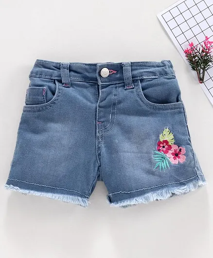 Babyhug Denim Shorts Floral Embroidered - Blue
