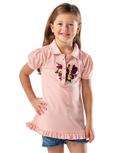 Cherry Crumble by Nitt Hyman Flower Embroidered Half Sleeves Top - Peach