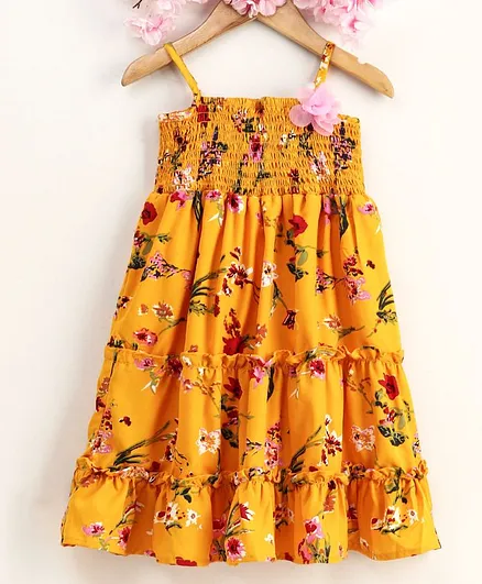 Babyhug Singlet Neck Frock Floral Print - Yellow