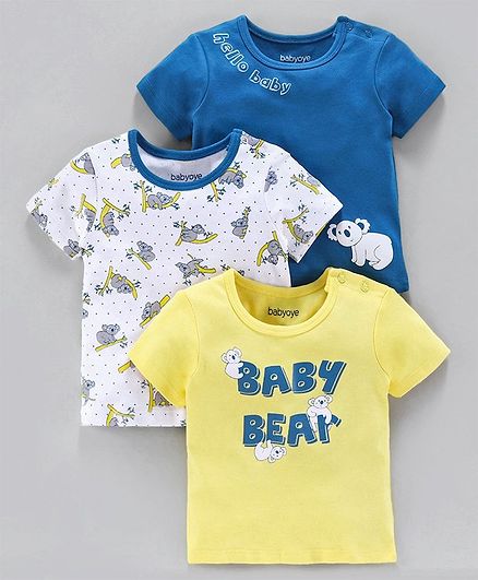 Babyoye Half Sleeves Cotton T Shirts Koala Print Pack of 3 - Blue