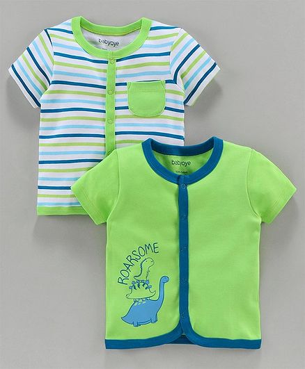 Babyoye Half Sleeves Cotton Jhabla Vests Printed & Striped Pack of 2 - Green