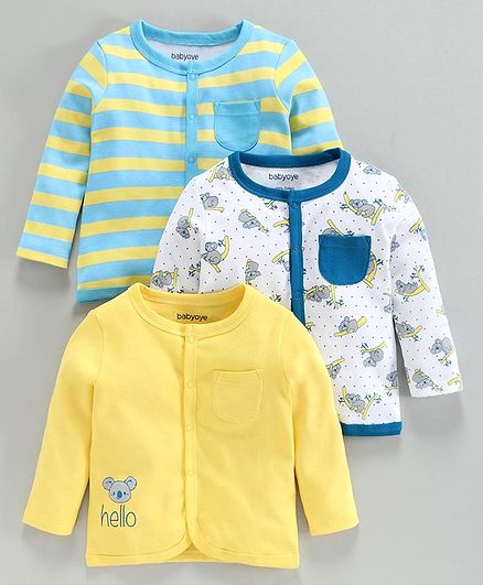 Babyoye Cotton Full Sleeves Printed & Striped Jhabla Vest Pack of 3 - Yellow Blue White