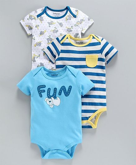 Babyoye Half Sleeves Cotton Onesies Stripes & Multi Print Pack of 3 - Yellow White Blue