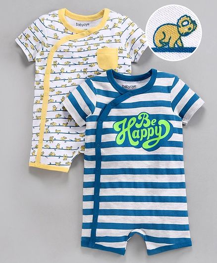 Babyoye Half Sleeves Cotton Printed & Striped Rompers Pack of 2 - Yellow Blue