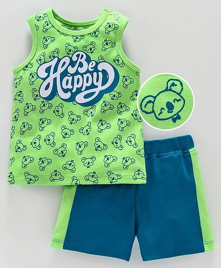 Babyoye Sleeveless Tee and Shorts Be Happy Print - Green Blue