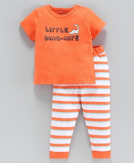 Babyoye Half Sleeves Tee and Bottom Set Dinosaur Print - Orange White