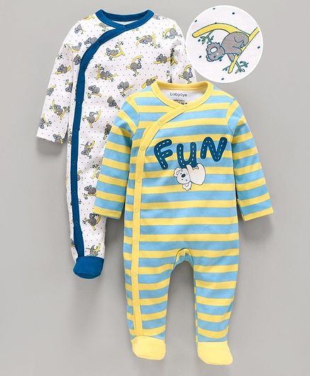 Babyoye Cotton Full Sleeves Striped Footed Sleepsuit Koala Print Pack of 2 - Blue White