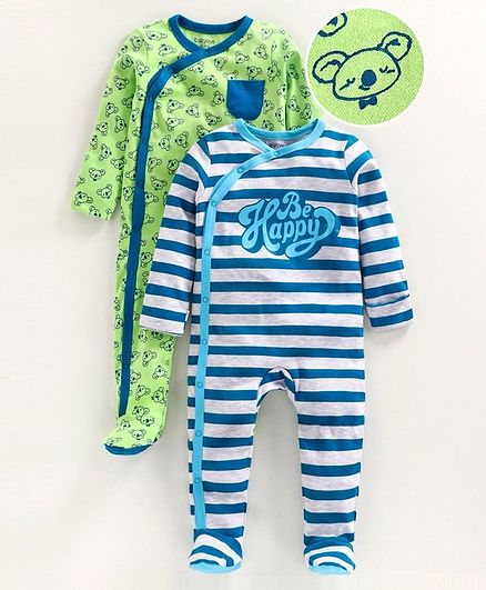 Babyoye Full Sleeves Striped Sleep Suit Koala Print Pack of 2 - Green Blue