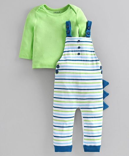 Babyoye Striped Cotton Dungaree & Full Sleeves Tee - Green White