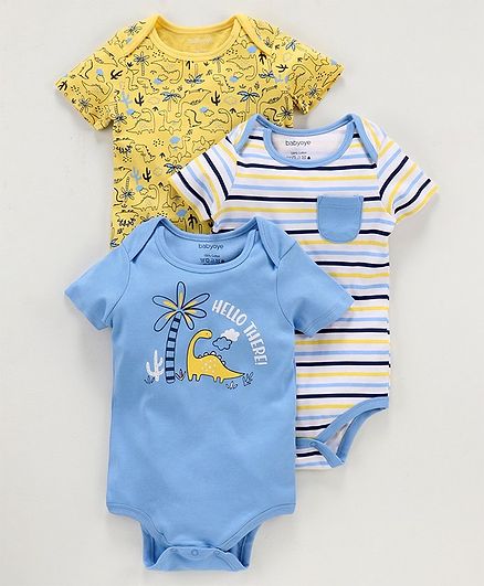 Babyoye Cotton Half Sleeves Romper Animal Print Pack of 3 - Yellow Blue