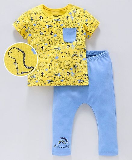 Babyoye Half Sleeves Tee and Bottom Set Dinosaur Print - Yellow Blue