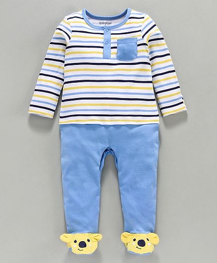 Babyoye Cotton Full Sleeves Striped Footed Sleepsuit - Blue