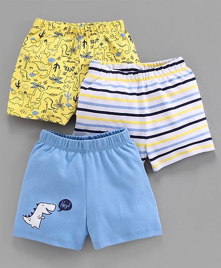 Babyoye Cotton Shorts Dino Print Pack of 3 - Yellow Blue