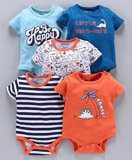 Babyoye Cotton Short Sleeves Onesies Dino Print Pack of 5 - Multicolour