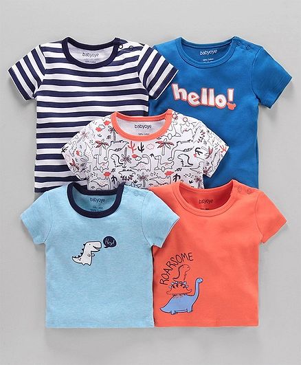 Babyoye Cotton Half Sleeves Tees Dino Print Pack of 5 - Multicolour