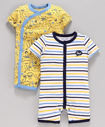 Babyoye Cotton Striped and Printed Half Sleeves Romper Pack of 2 - Yellow White
