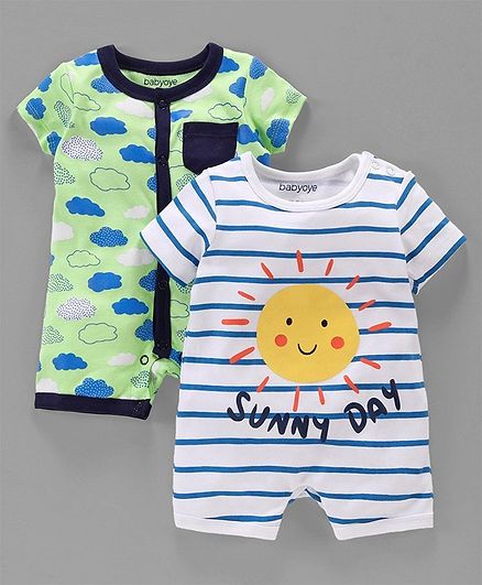 Babyoye Short Sleeves Cotton Rompers Cloud & Sun Print Pack of 2 - Green White