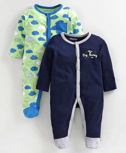 Babyoye Full Sleeves Sleepsuit Allover Cloud Print Pack of 2 - Blue Green