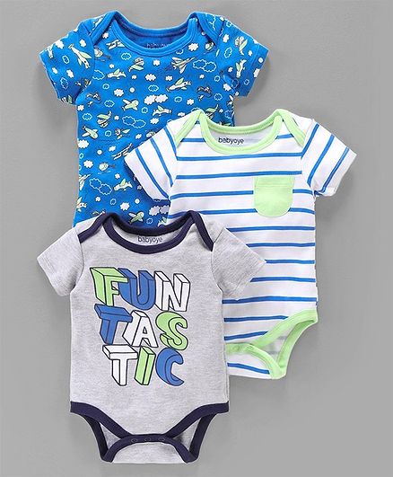 Babyoye Short Sleeves Cotton Onesies Multiprint Pack of 3 - Blue Grey White