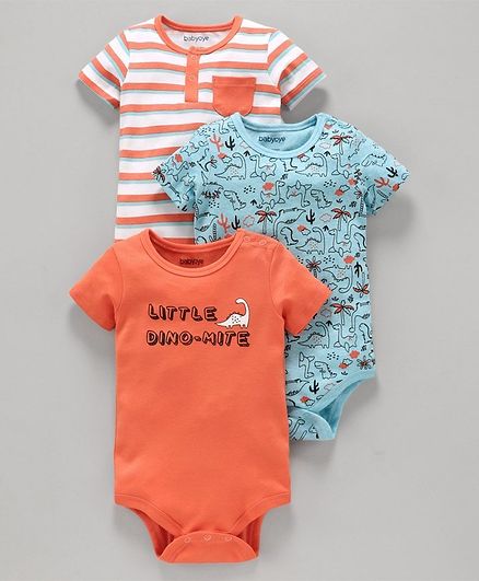 Babyoye Cotton Half Sleeves Onesies Dino Print Pack of 3 - Orange Blue White