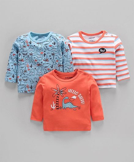 Babyoye Cotton Full Sleeves Tees Dino Print Pack of 3 - Blue Orange White