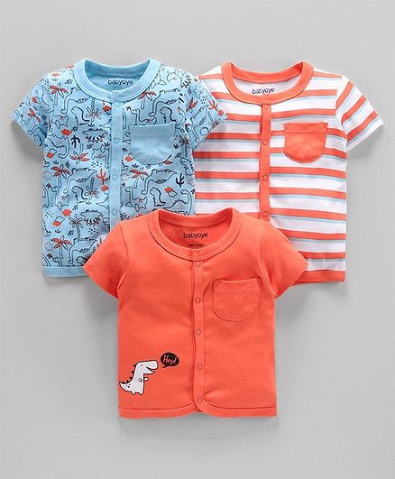 Babyoye Cotton Short Sleeves Vests Multiprint Pack of 3 - Blue White Orange