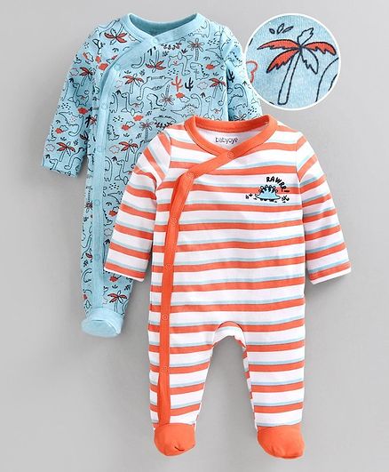 Babyoye Full Sleeves Sleepsuit Allover Tree Print Pack of 2 - Blue Orange