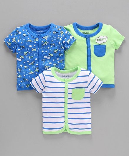 Babyoye Cotton Short Sleeves Vests Pack of 3 - Light Green White Royal Blue