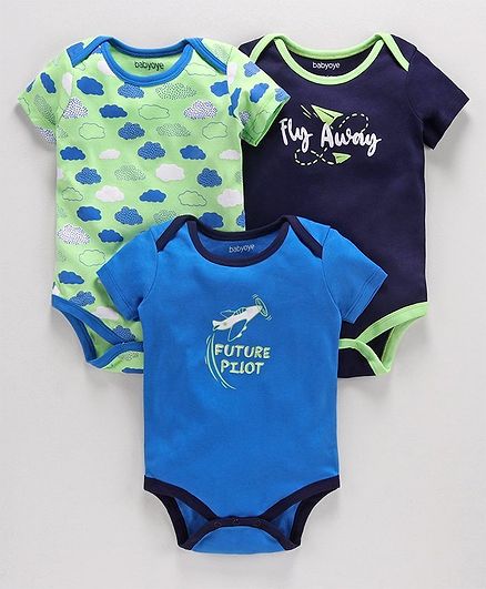 Babyoye Cotton Half Sleeves Onsie Cloud Print Pack of 3 - Green Blue