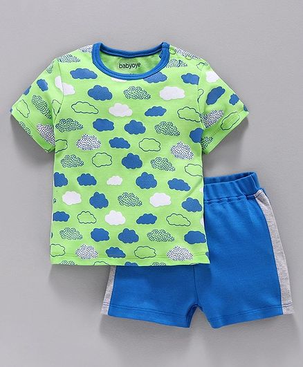 Babyoye Cotton Half Sleeves Tee Cloud Print - Lime