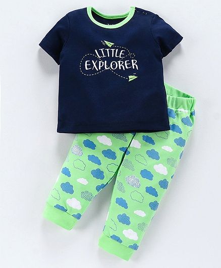 Babyoye Half Sleeves Cotton Tee & Bottom Set Text Print - Green Navy