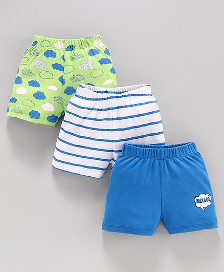 Babyoye Cotton Shorts Striped & Printed Pack of 3 - Green White Blue