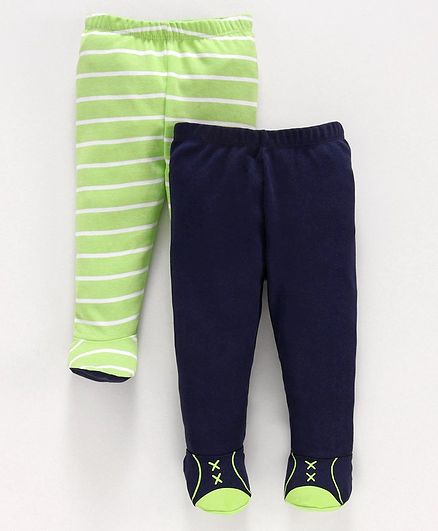 Babyoye Cotton Solid & Striped Bootie Leggings Pack of 2 - Green Blue