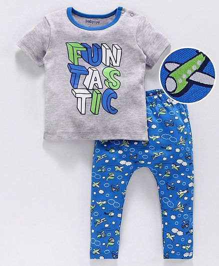 Babyoye Half Sleeves Cotton Tee and Diaper Pants Funtastic Print - Grey Blue