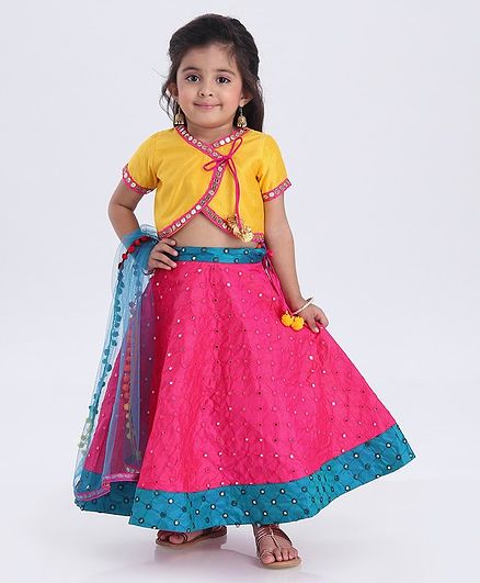 Saka Designs Half Sleeves Choli & Ghagra with Dupatta Mirror Wok Embellishment - Yellow Pink