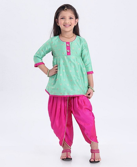 Saka Designs Three Fourth Sleeves Kurta & Dhoti Set Self Design - Green Pink